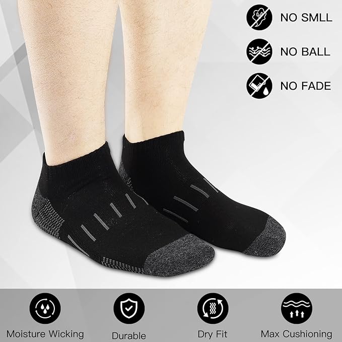 Heatuff Mens Athletic Ankle Socks Moisture Wicking Cushion Running Low Cut Sock 6 Pack