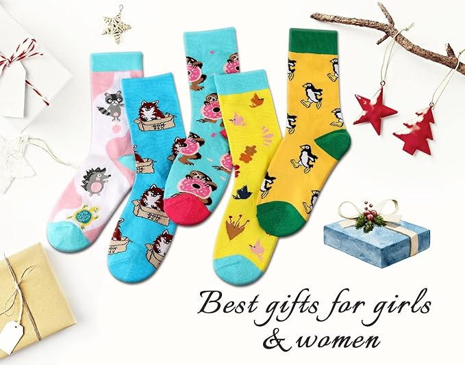 Heatuff Women's 5 Pack Cotton Funny Crew Socks Fun Cozy Cute Novetly Causal Patterned Socks for Women Gifts