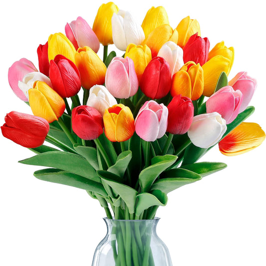 TieaTize 15 PCS Artificial Flowers Fake Tulips, Real Touch PU Faux Flower, Realistic Tulip Stems for Wedding Festival Party, Bouquet Floral for Office Indoor Decorations