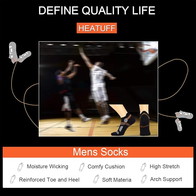Heatuff Mens Athletic Ankle Socks Moisture Wicking Cushion Running Low Cut Sock 6 Pack