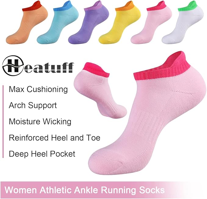 Heatuff Womens Low Cut Ankle Athletic Socks Cushioned Running Performance Breathable Tab Sock 6 Pack