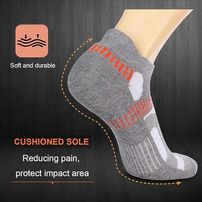 Heatuff Mens Athletic Ankle Socks Moisture Wicking Cushion Running Low Cut Sock 6 Pack