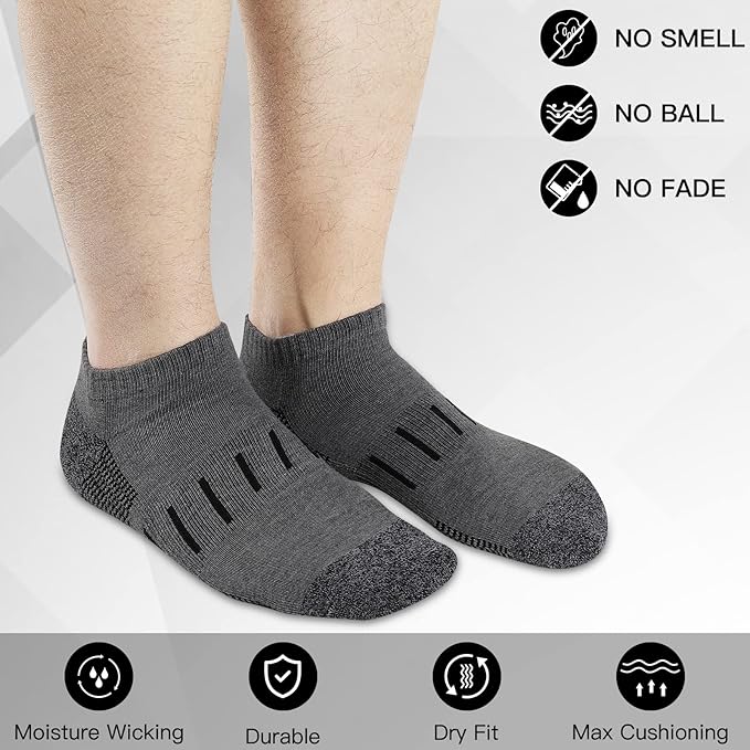 Heatuff Mens Athletic Ankle Socks Moisture Wicking Cushion Running Low Cut Sock 6 Pack