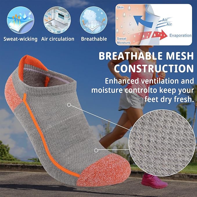 Heatuff Womens Low Cut Ankle Athletic Socks Cushioned Running Performance Breathable Tab Sock (6 Pairs)