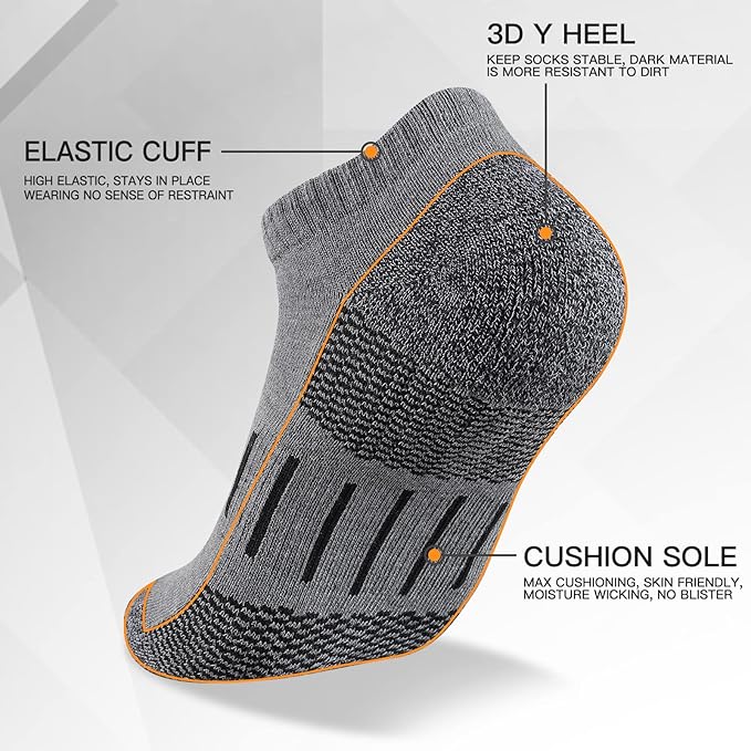 Heatuff Mens Athletic Ankle Socks Moisture Wicking Cushion Running Low Cut Sock 6 Pack