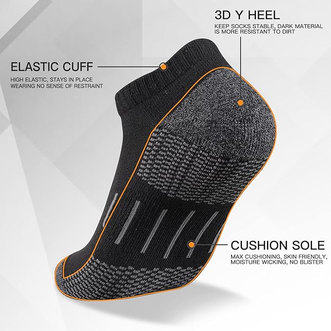 Heatuff Mens Athletic Ankle Socks Moisture Wicking Cushion Running Low Cut Sock 6 Pack