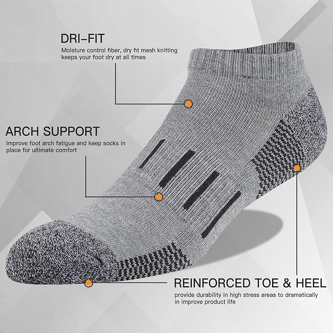 Heatuff Mens Athletic Ankle Socks Moisture Wicking Cushion Running Low Cut Sock 6 Pack