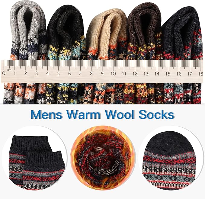 Heatuff Men's Winter Wool Socks Thermal Warm Soft Crew Socks （5 Pairs）