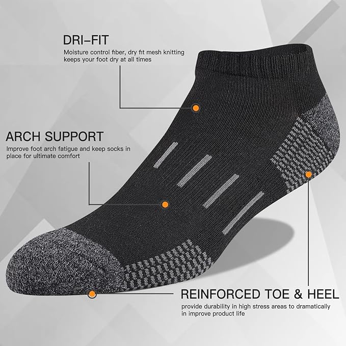 Heatuff Mens Athletic Ankle Socks Moisture Wicking Cushion Running Low Cut Sock 6 Pack