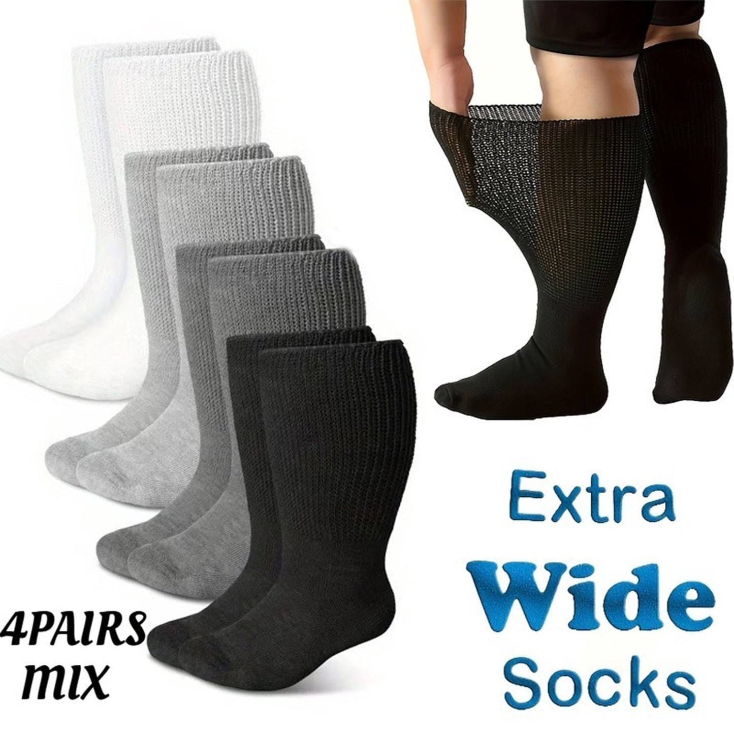 4 Pairs Diabetic Socks for Women Men, Extra Wide Non Binding Stretch Top, Lymphedema Swollen Feet Leg Bariatric Cast Boot Sock, Neuropathy Swelling Soft Loose Fit