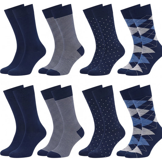 8 Pairs Mens Dress Crew Socks, Cotton Work Business Casual Classic Socks, Soft Breathable Mid Calf Socks Navy