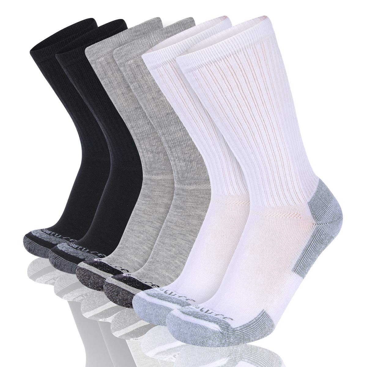 Heatuff Mens 6 Pack Crew Athletic Work Socks With Cushion, Reinforced Heel & Toe For All Seasons, A - Black 2, white 2 and Grey 2, Shoe Size 6-12 / Sock Size 10-13