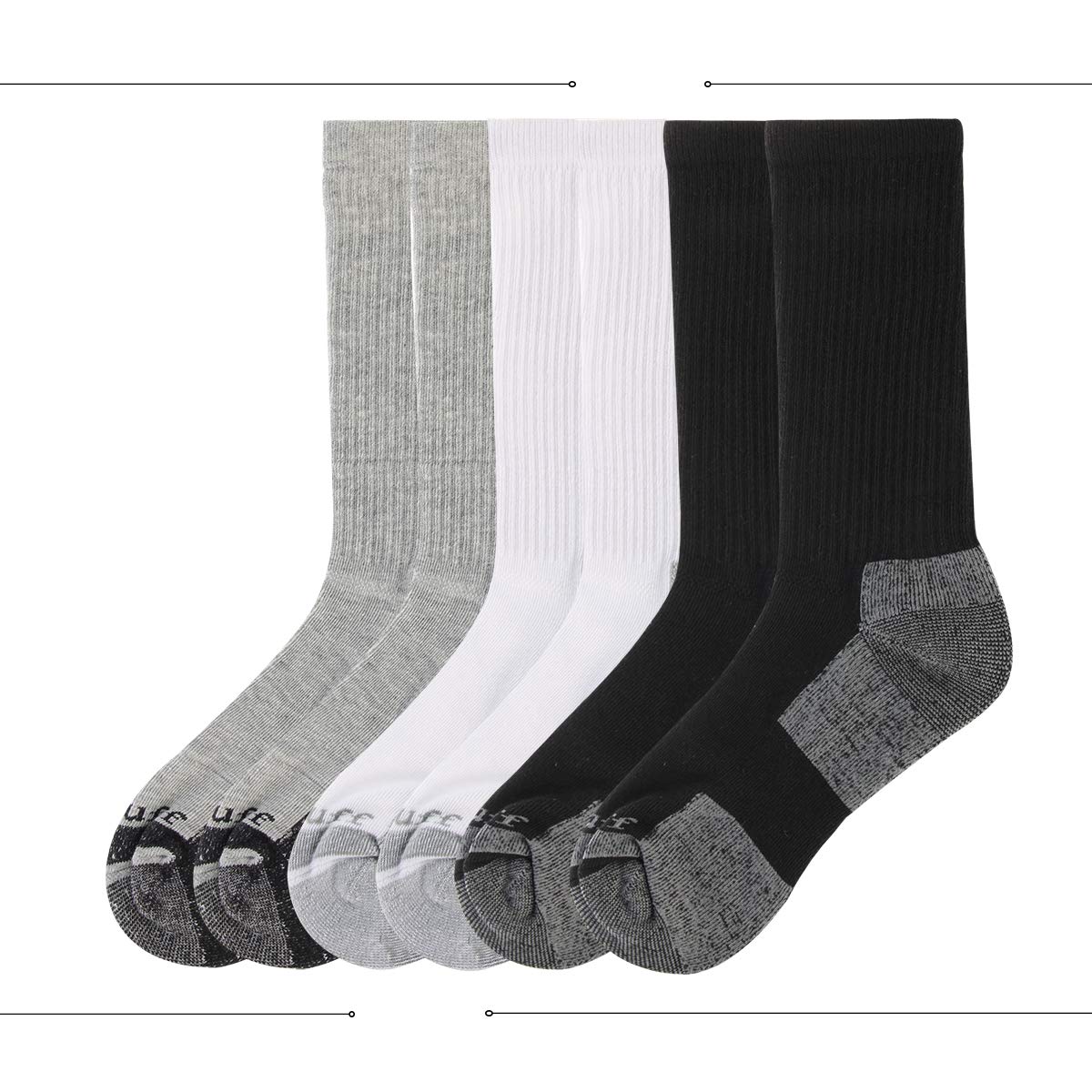 Heatuff Mens 6 Pack Crew Athletic Work Socks With Cushion, Reinforced Heel & Toe For All Seasons, A - Black 2, white 2 and Grey 2, Shoe Size 6-12 / Sock Size 10-13