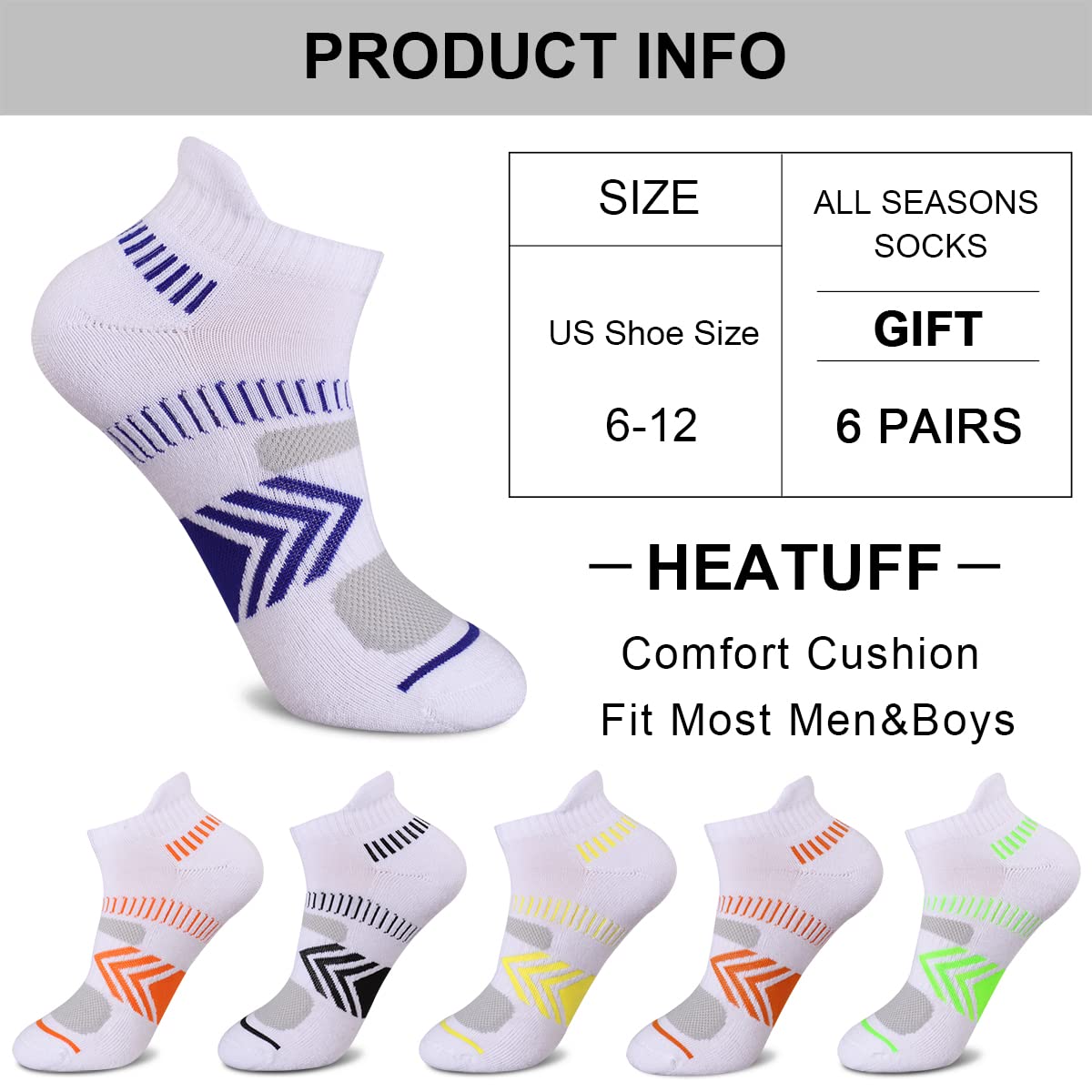 Heatuff 6 Pairs Mens Athletic Ankle Socks Low Cut Running Cushioned Performance Breathable Socks